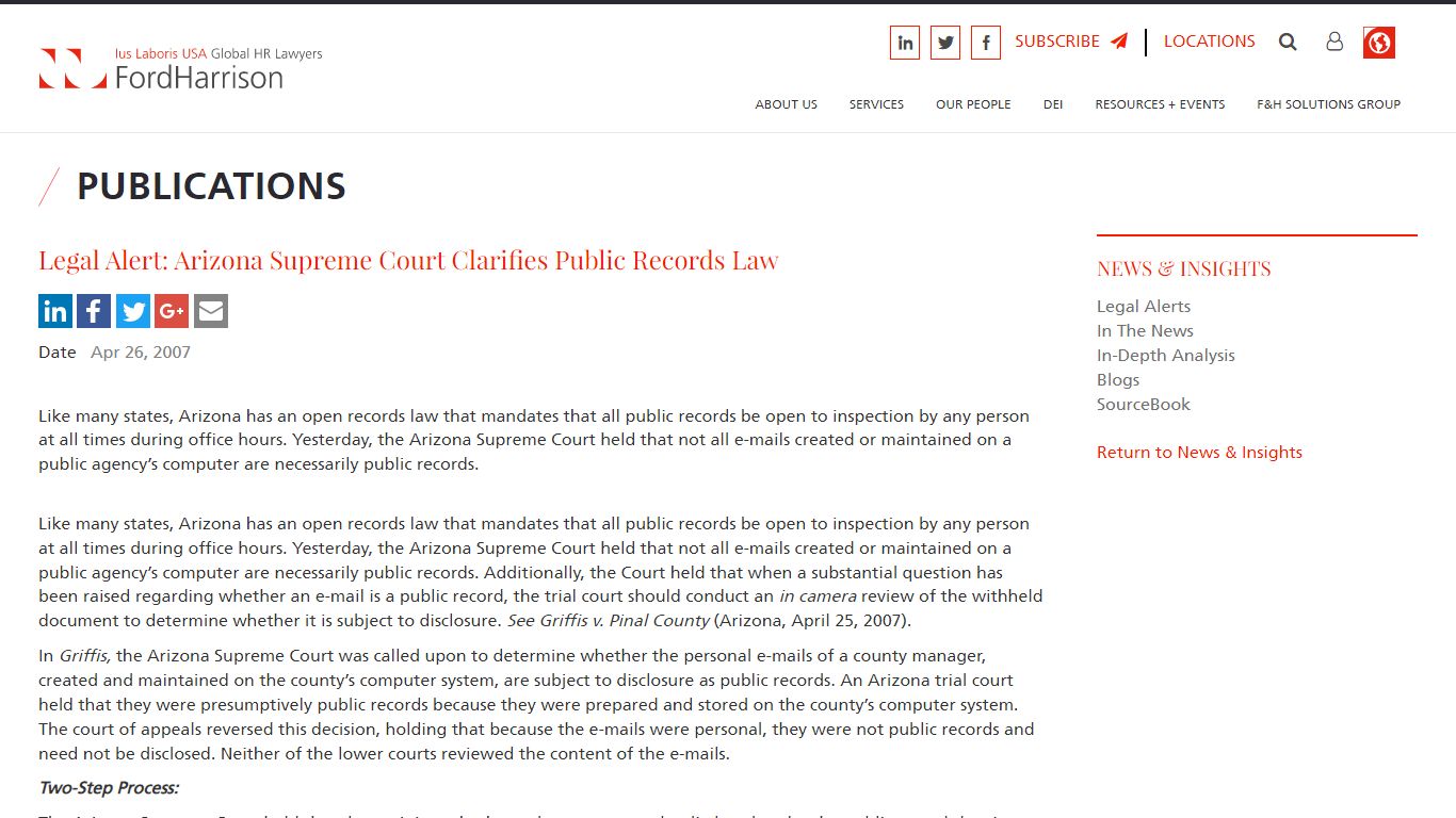 Legal Alert: Arizona Supreme Court Clarifies Public Records Law